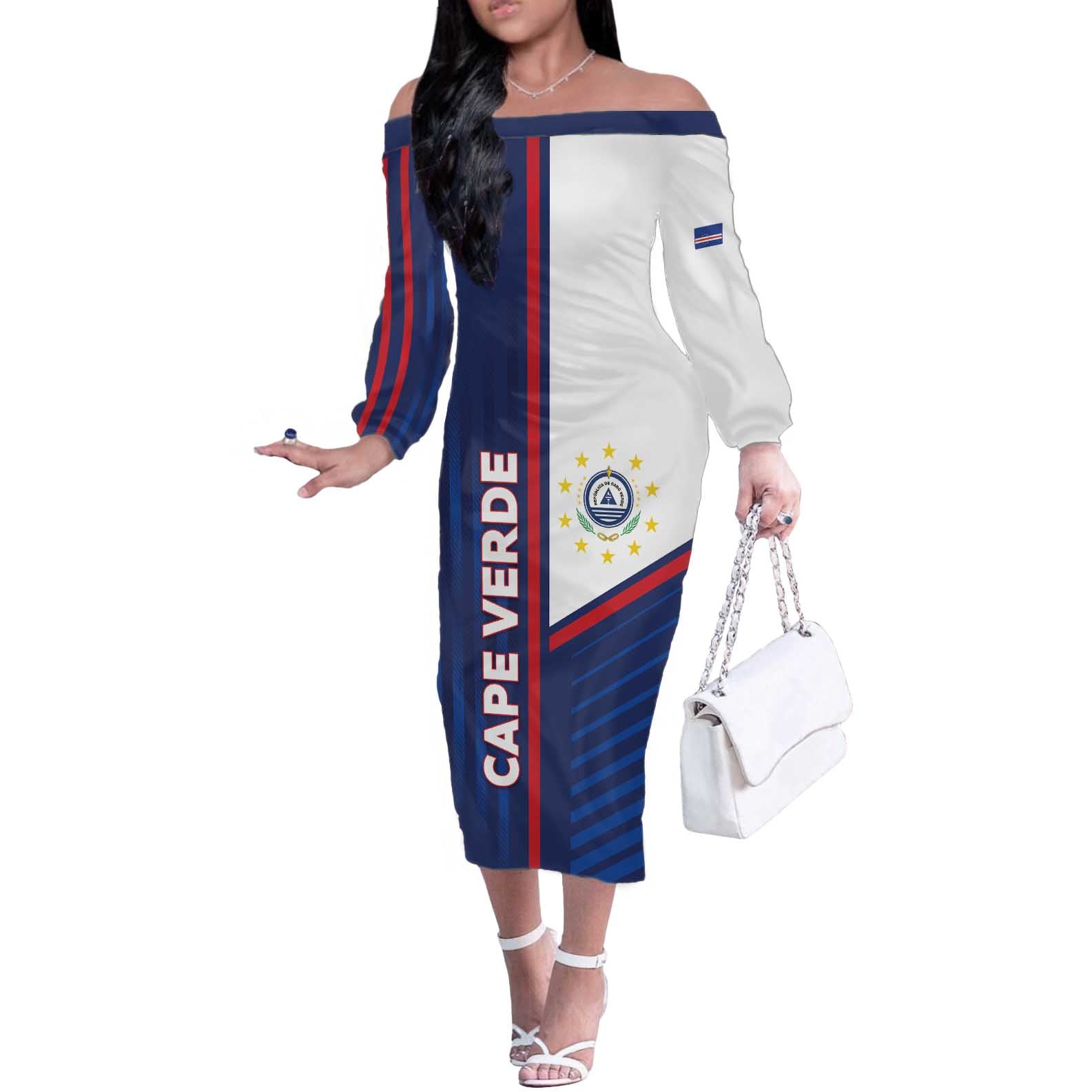 Custom Cape Verde Football Off The Shoulder Long Sleeve Dress Unique Style - Wonder Print Shop