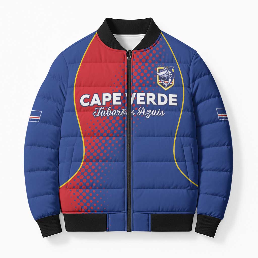 Custom Cape Verde Football Bomber Puffer Jacket Blue Sharks Make History - Wonder Print Shop