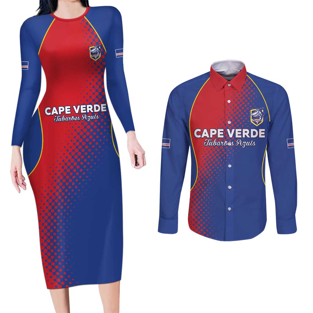 Custom Cape Verde Football Couples Matching Long Sleeve Bodycon Dress and Long Sleeve Button Shirt Blue Sharks Make History - Wonder Print Shop