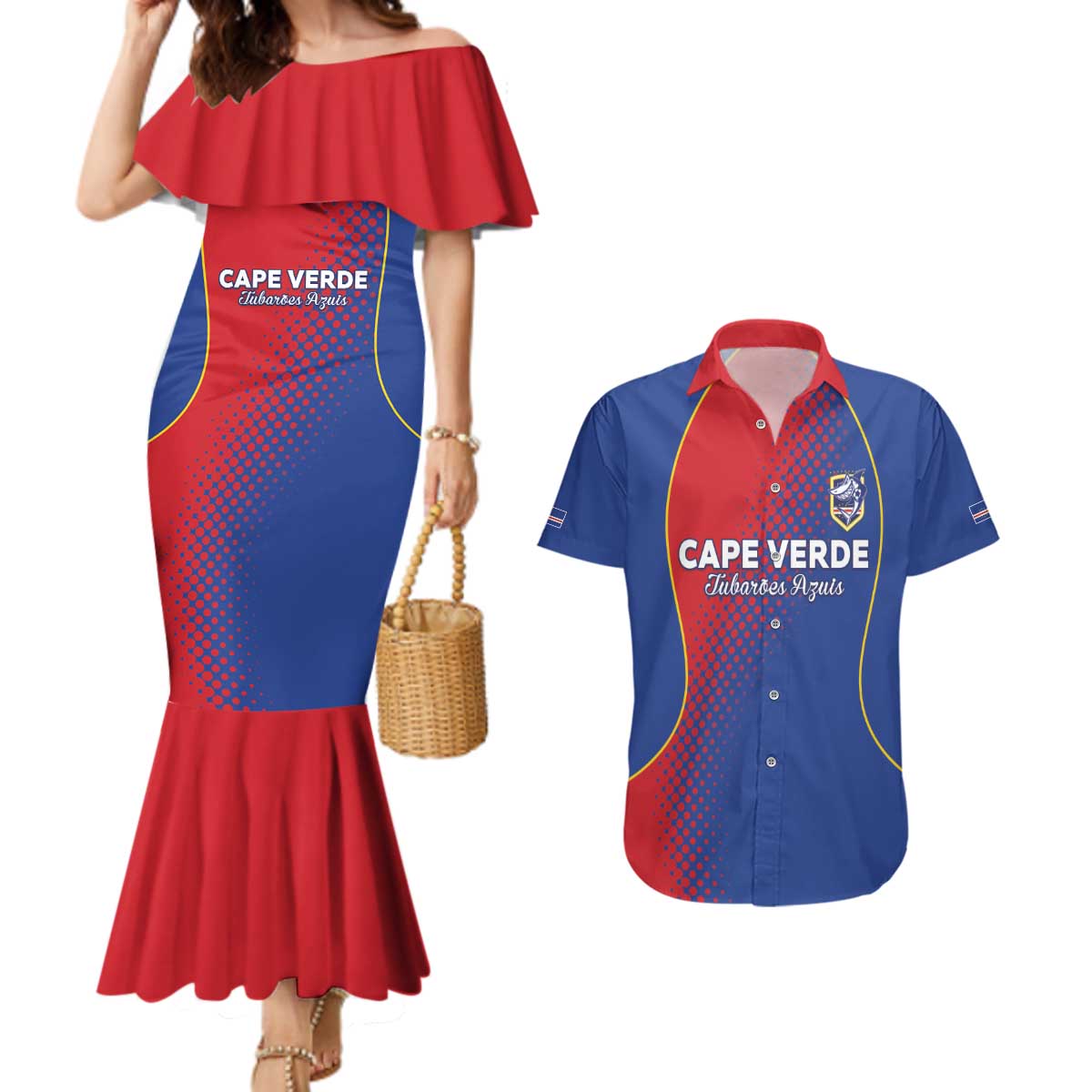 Custom Cape Verde Football Couples Matching Mermaid Dress and Hawaiian Shirt Blue Sharks Make History - Wonder Print Shop