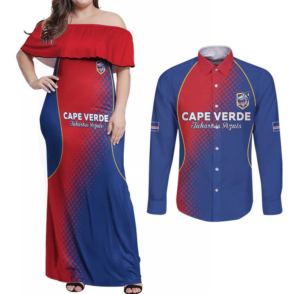 Custom Cape Verde Football Couples Matching Off Shoulder Maxi Dress and Long Sleeve Button Shirt Blue Sharks Make History - Wonder Print Shop