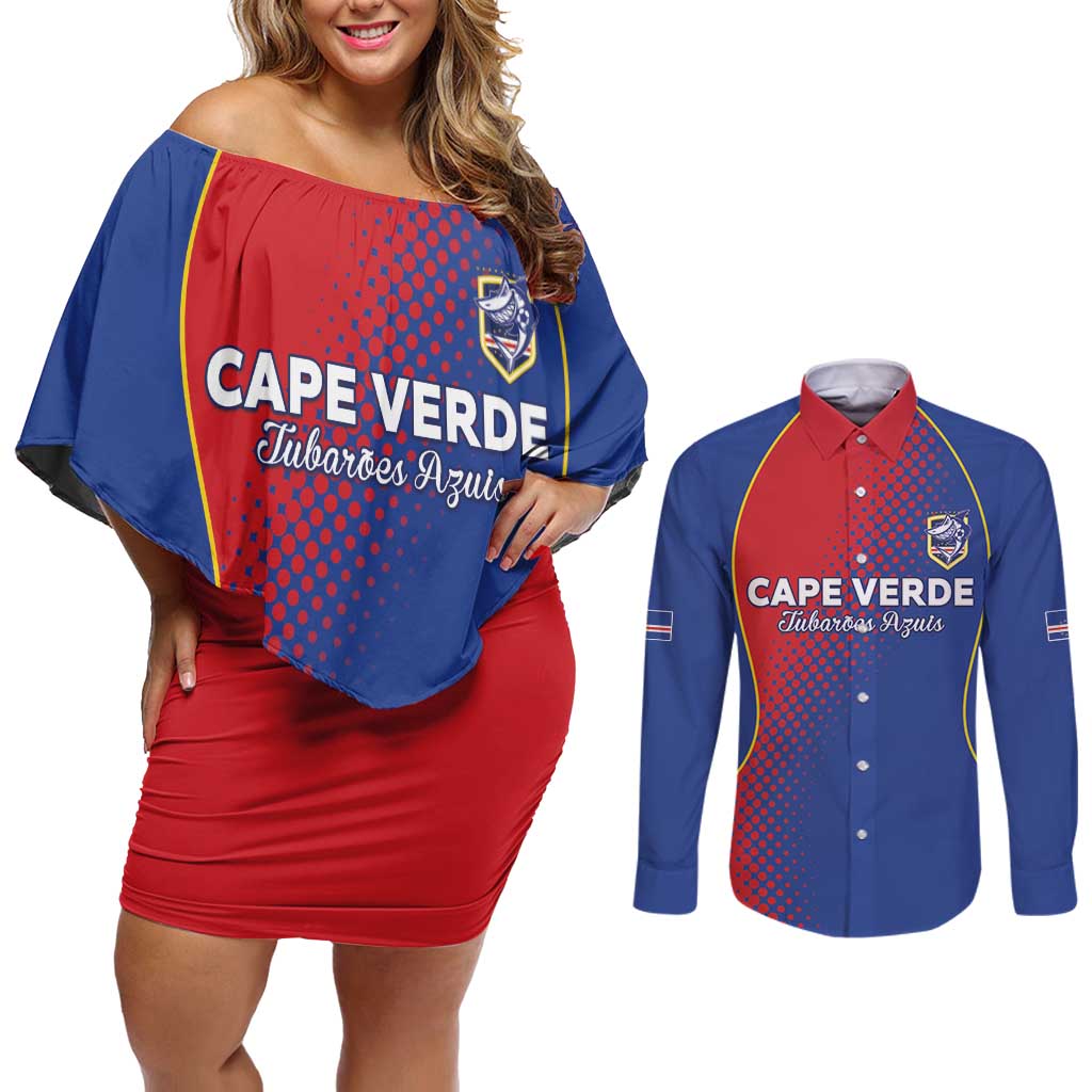 Custom Cape Verde Football Couples Matching Off Shoulder Short Dress and Long Sleeve Button Shirt Blue Sharks Make History - Wonder Print Shop