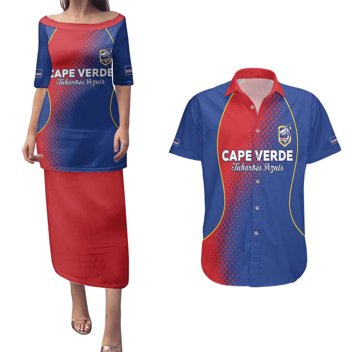 Custom Cape Verde Football Couples Matching Puletasi and Hawaiian Shirt Blue Sharks Make History - Wonder Print Shop