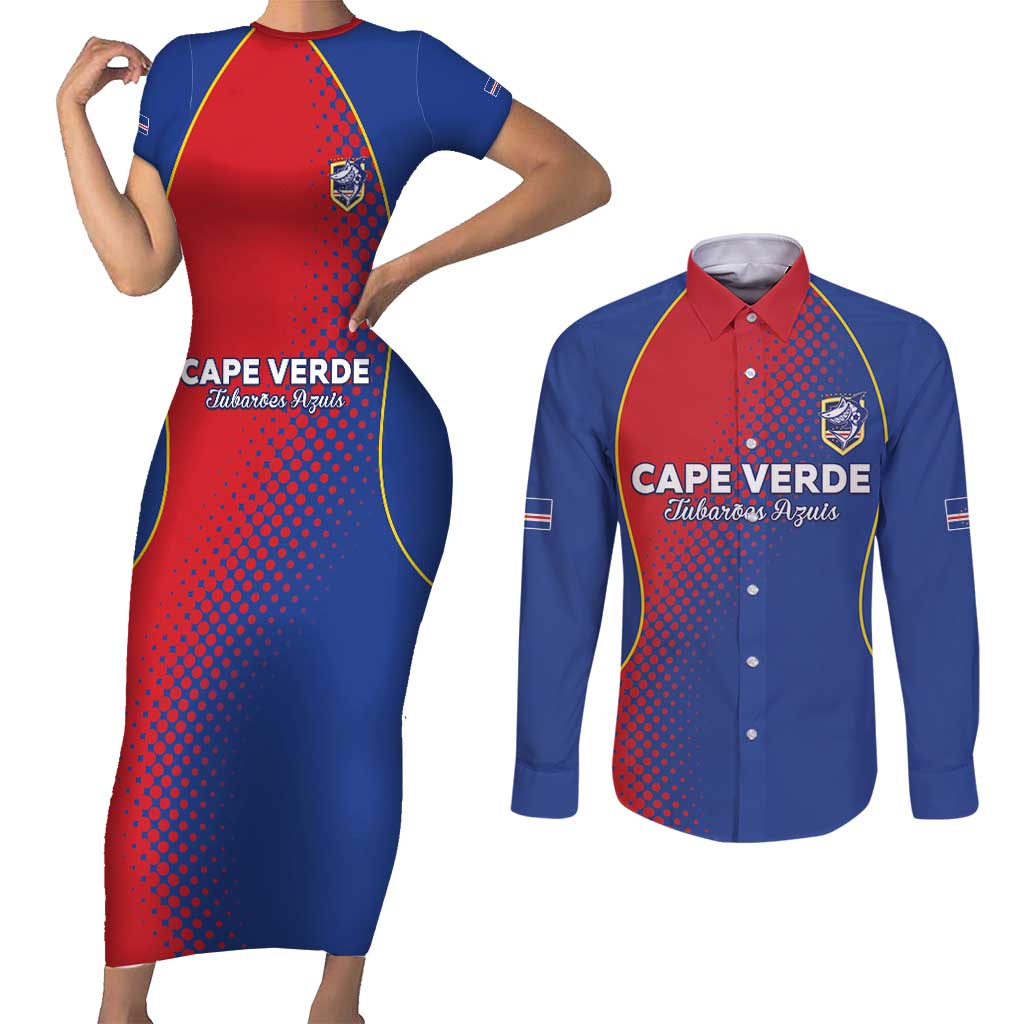 Custom Cape Verde Football Couples Matching Short Sleeve Bodycon Dress and Long Sleeve Button Shirt Blue Sharks Make History - Wonder Print Shop