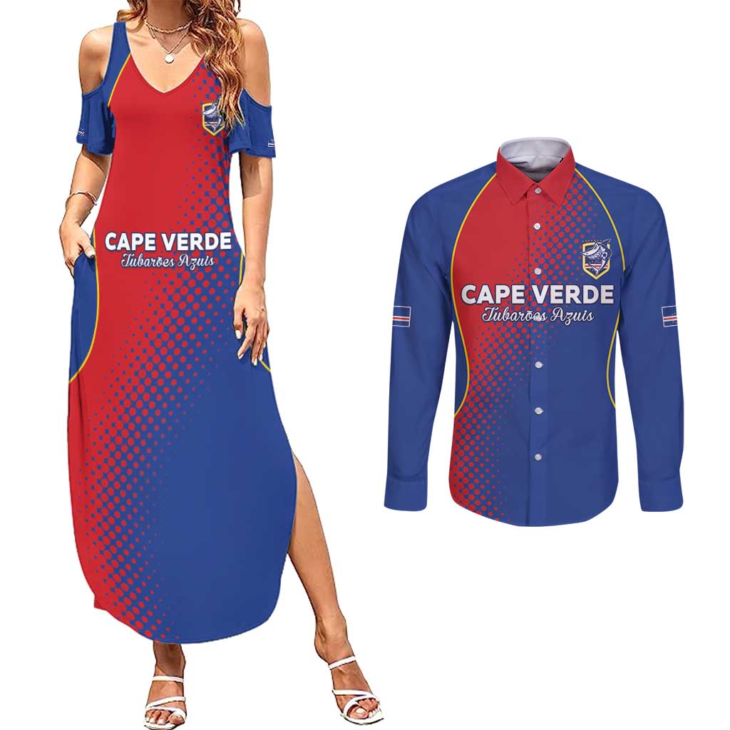Custom Cape Verde Football Couples Matching Summer Maxi Dress and Long Sleeve Button Shirt Blue Sharks Make History - Wonder Print Shop