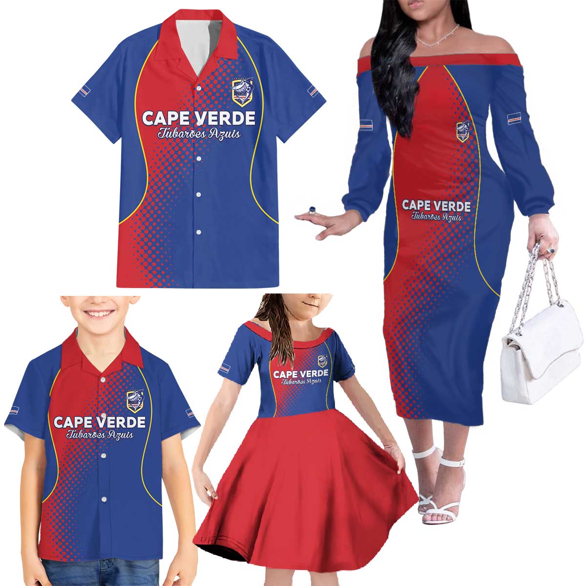 Custom Cape Verde Football Family Matching Off The Shoulder Long Sleeve Dress and Hawaiian Shirt Blue Sharks Make History - Wonder Print Shop