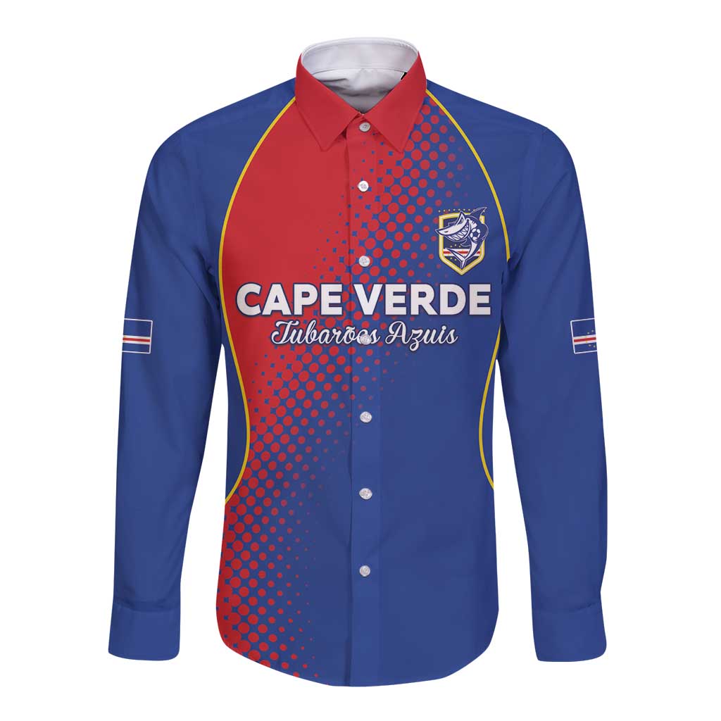 Custom Cape Verde Football Long Sleeve Button Shirt Blue Sharks Make History - Wonder Print Shop