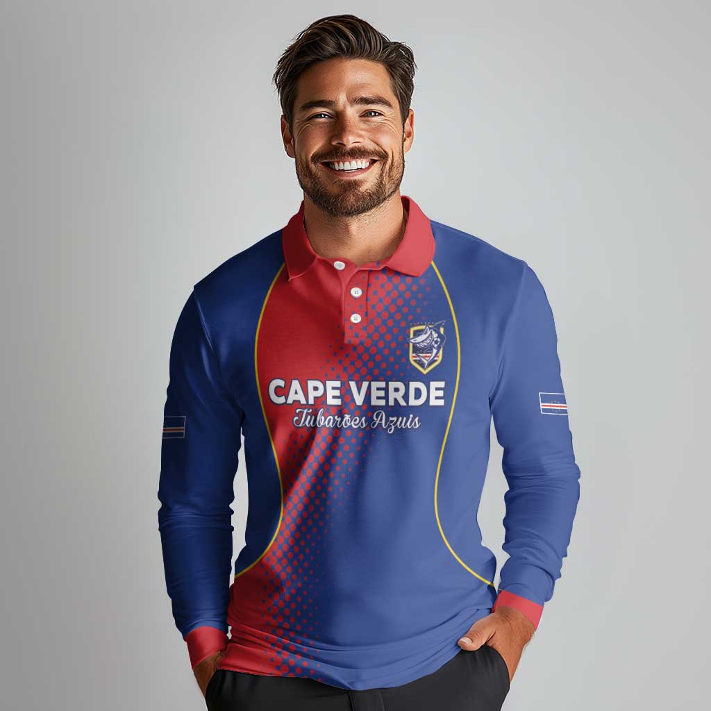 Custom Cape Verde Football Long Sleeve Polo Shirt Blue Sharks Make History - Wonder Print Shop