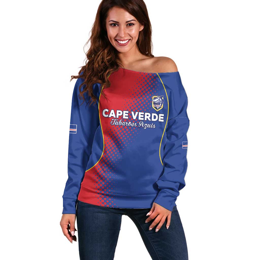 Custom Cape Verde Football Off Shoulder Sweater Blue Sharks Make History - Wonder Print Shop