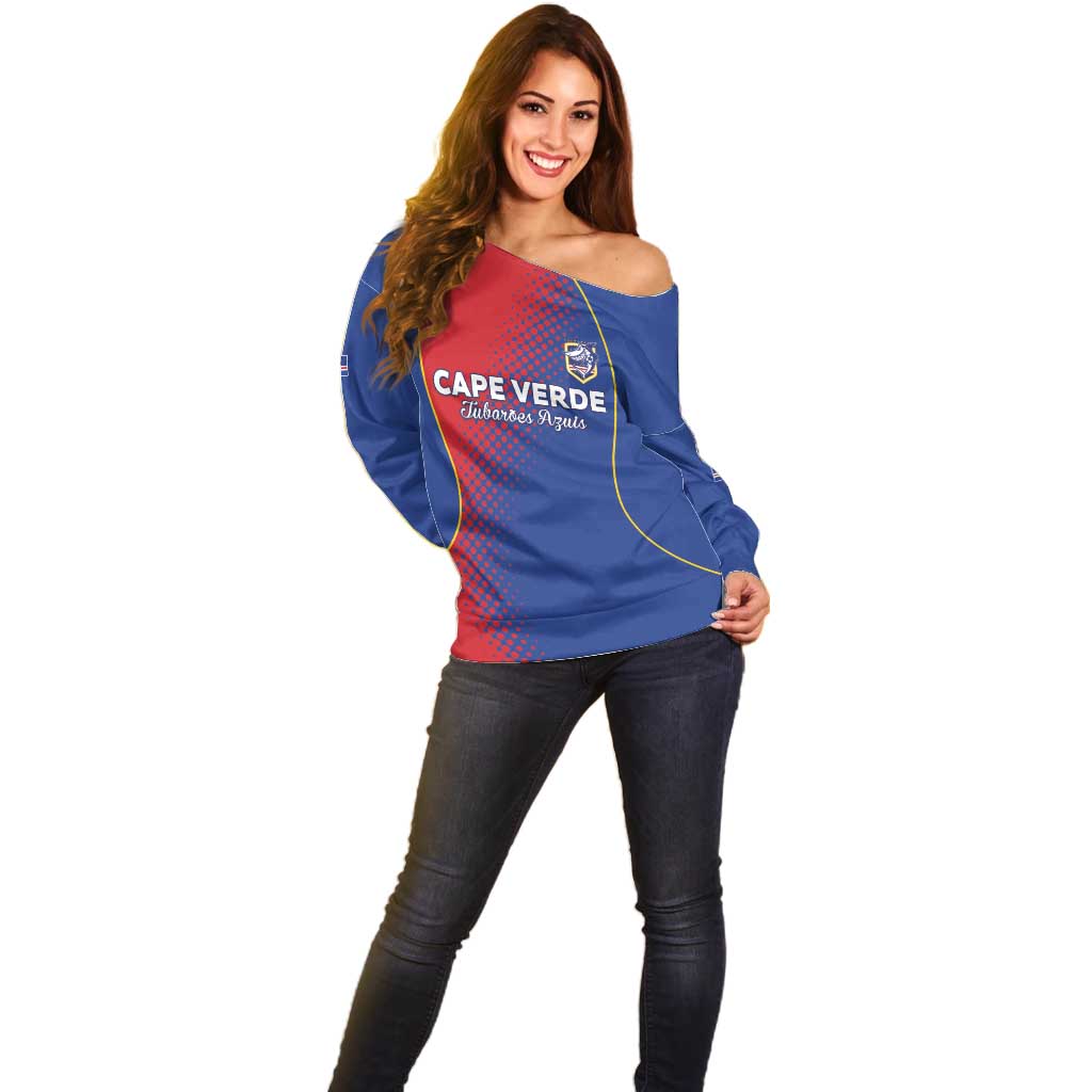 Custom Cape Verde Football Off Shoulder Sweater Blue Sharks Make History - Wonder Print Shop