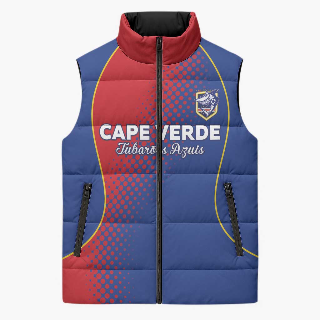 Custom Cape Verde Football Sleeveless Puffer Jacket Blue Sharks Make History - Wonder Print Shop