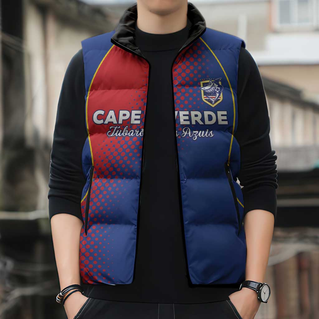 Custom Cape Verde Football Sleeveless Puffer Jacket Blue Sharks Make History - Wonder Print Shop