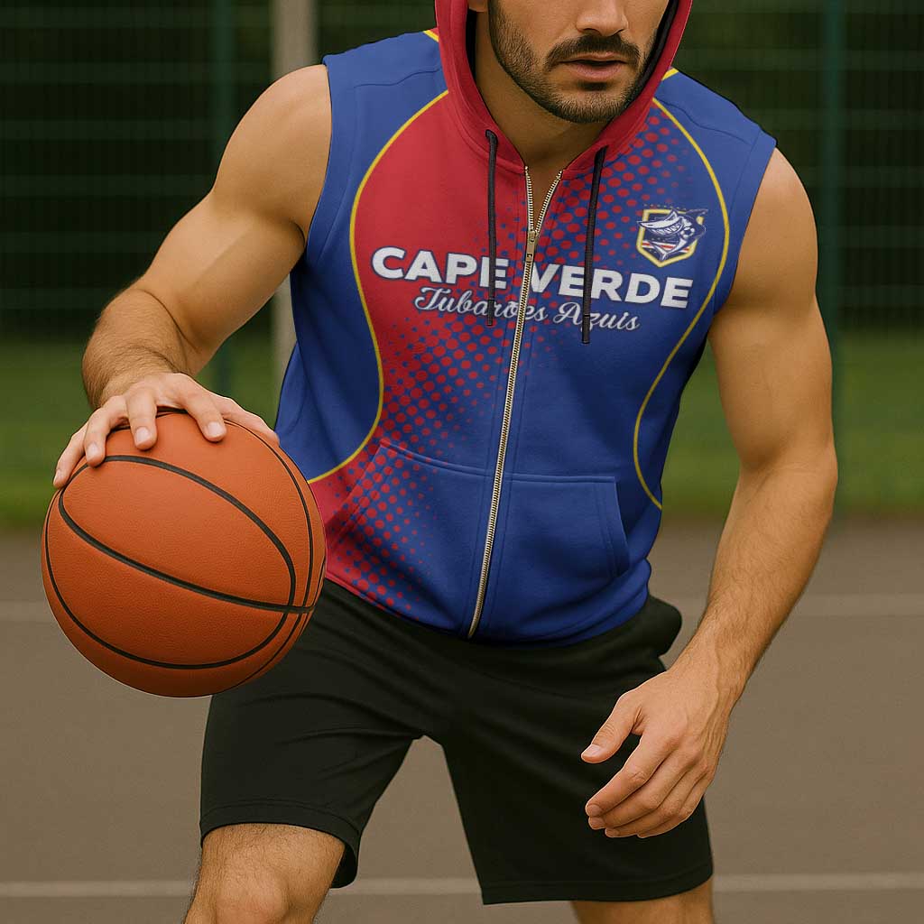 Custom Cape Verde Football Sleeveless Zip Hoodie Blue Sharks Make History - Wonder Print Shop