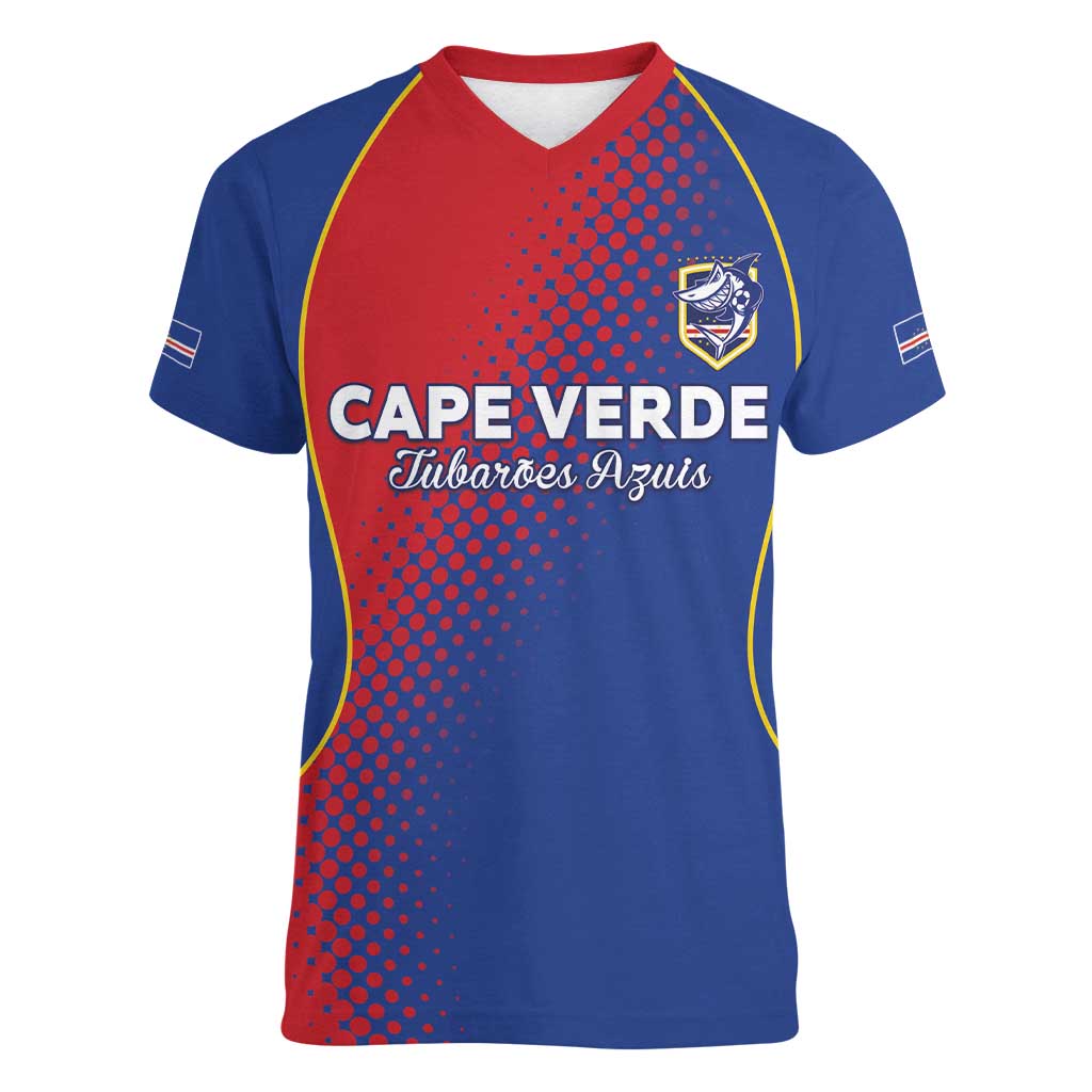 Custom Cape Verde Football Women V-Neck T-Shirt Blue Sharks Make History - Wonder Print Shop