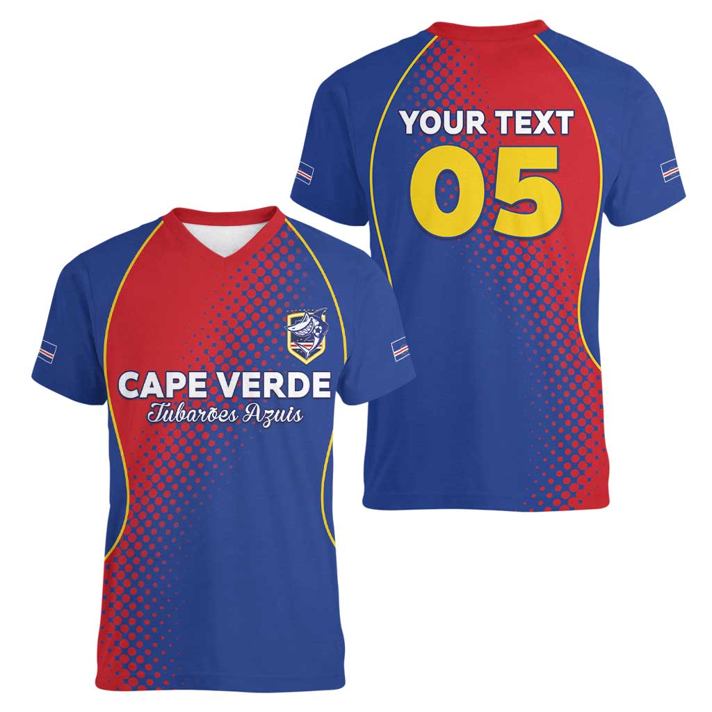 Custom Cape Verde Football Women V-Neck T-Shirt Blue Sharks Make History - Wonder Print Shop