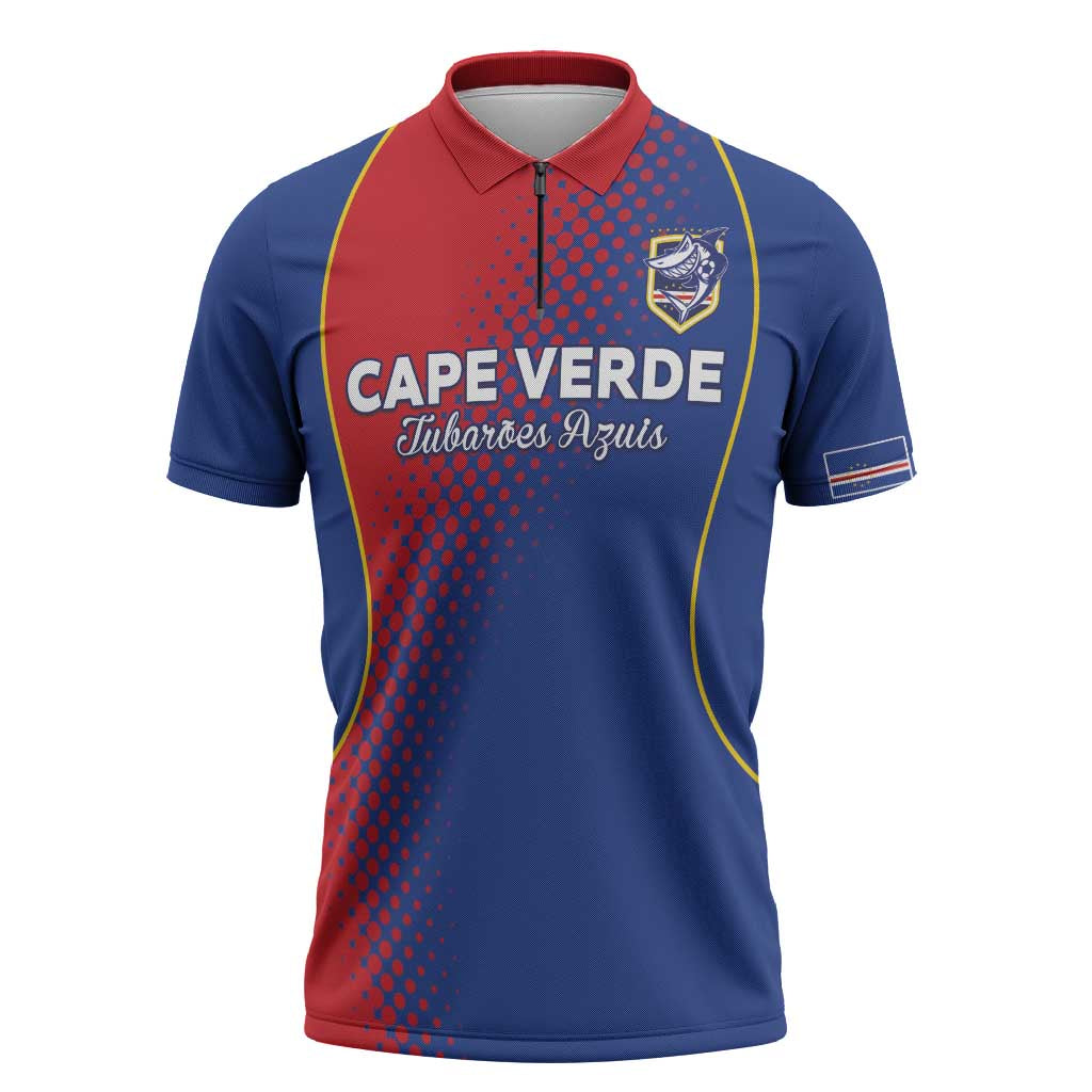 Custom Cape Verde Football Zipper Polo Shirt Blue Sharks Make History - Wonder Print Shop