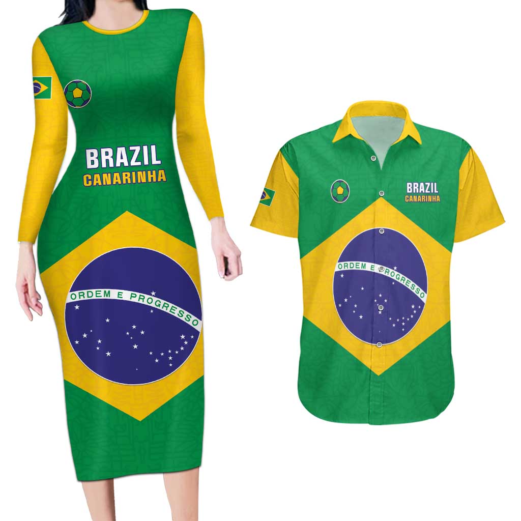 Custom Brazil Football Couples Matching Long Sleeve Bodycon Dress and Hawaiian Shirt Flag Style