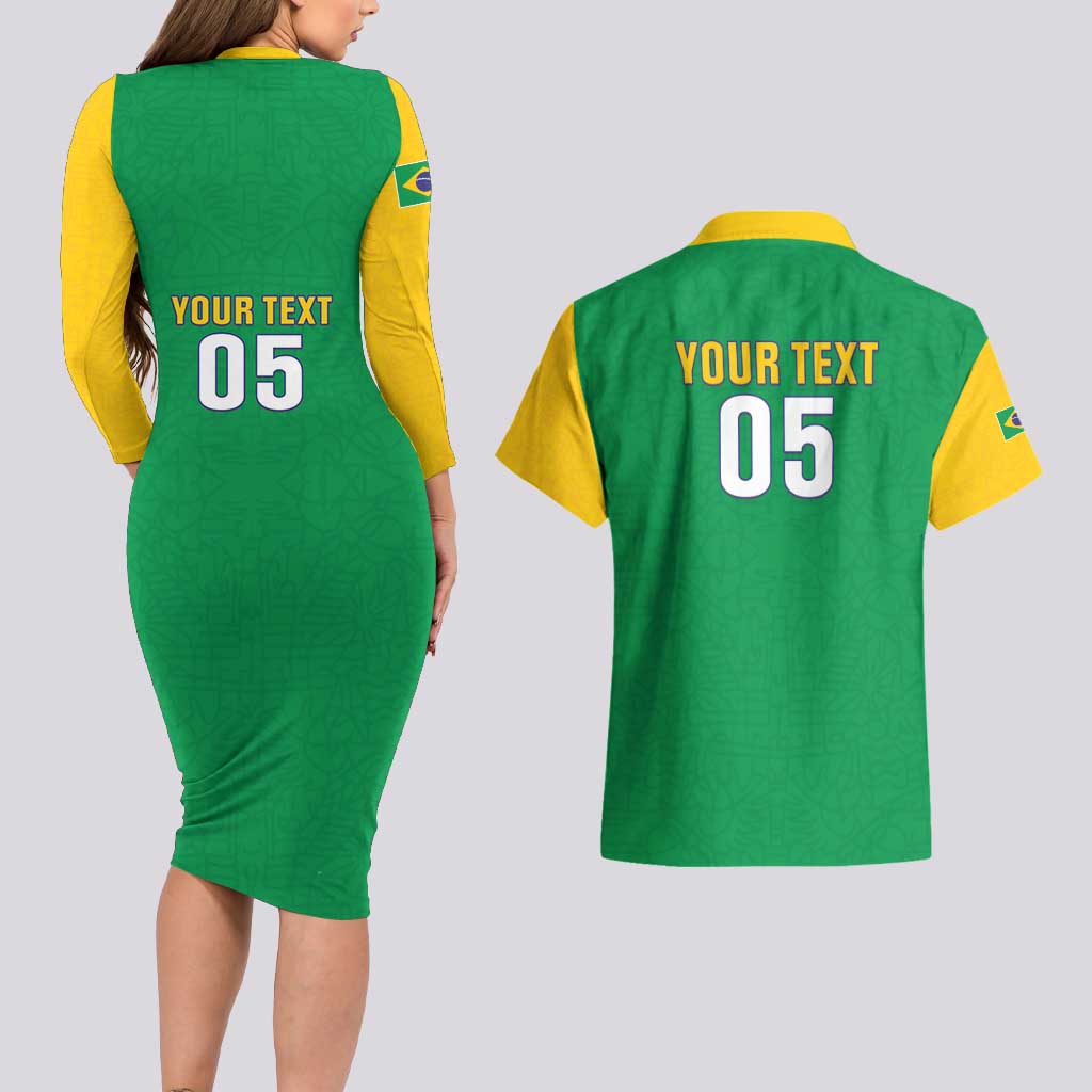 Custom Brazil Football Couples Matching Long Sleeve Bodycon Dress and Hawaiian Shirt Flag Style