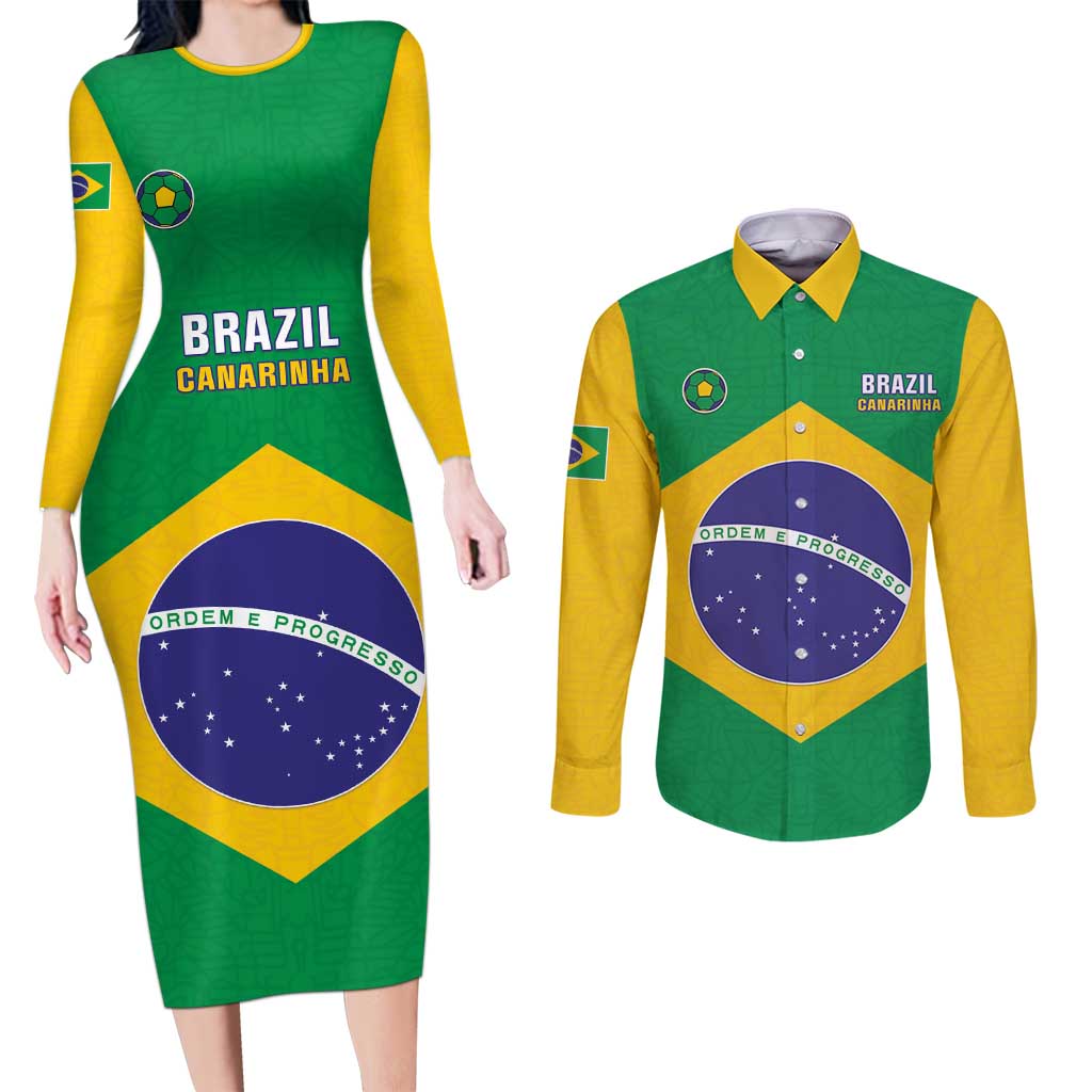 Custom Brazil Football Couples Matching Long Sleeve Bodycon Dress and Long Sleeve Button Shirt Flag Style