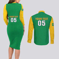 Custom Brazil Football Couples Matching Long Sleeve Bodycon Dress and Long Sleeve Button Shirt Flag Style