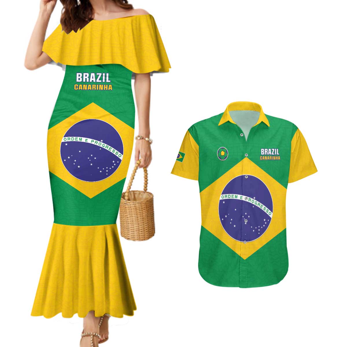 Custom Brazil Football Couples Matching Mermaid Dress and Hawaiian Shirt Flag Style