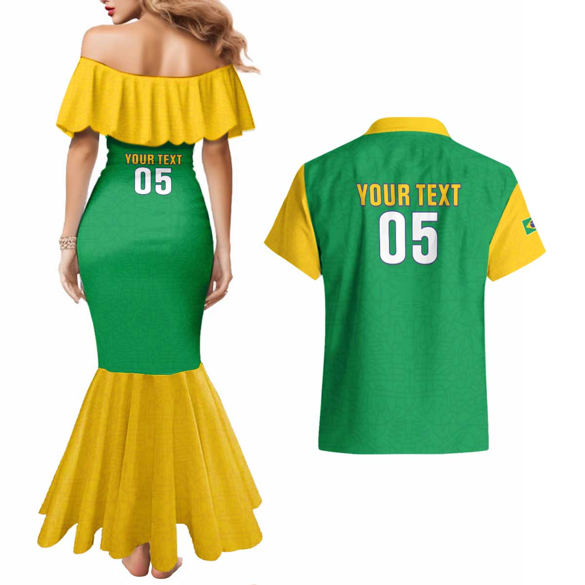 Custom Brazil Football Couples Matching Mermaid Dress and Hawaiian Shirt Flag Style