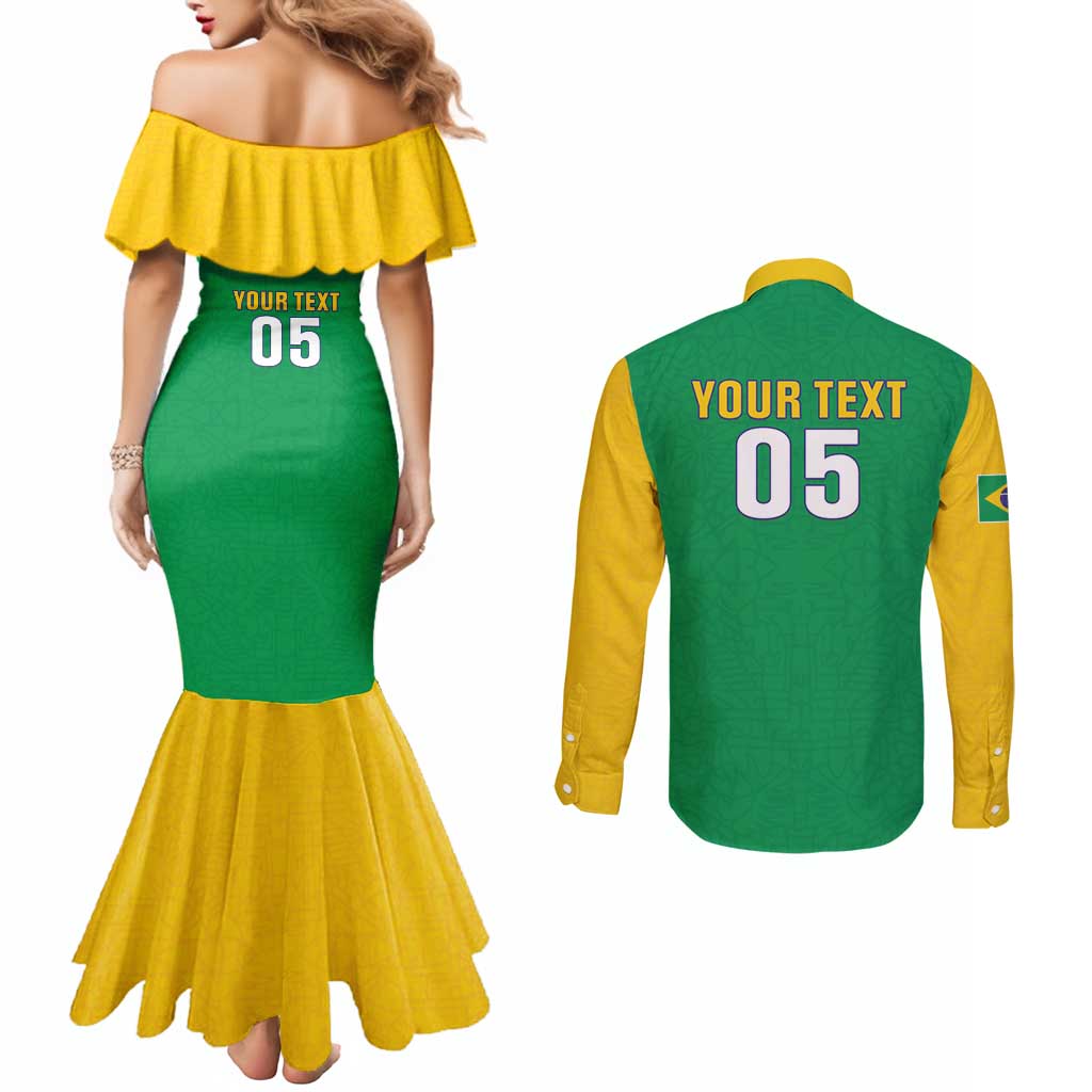 Custom Brazil Football Couples Matching Mermaid Dress and Long Sleeve Button Shirt Flag Style