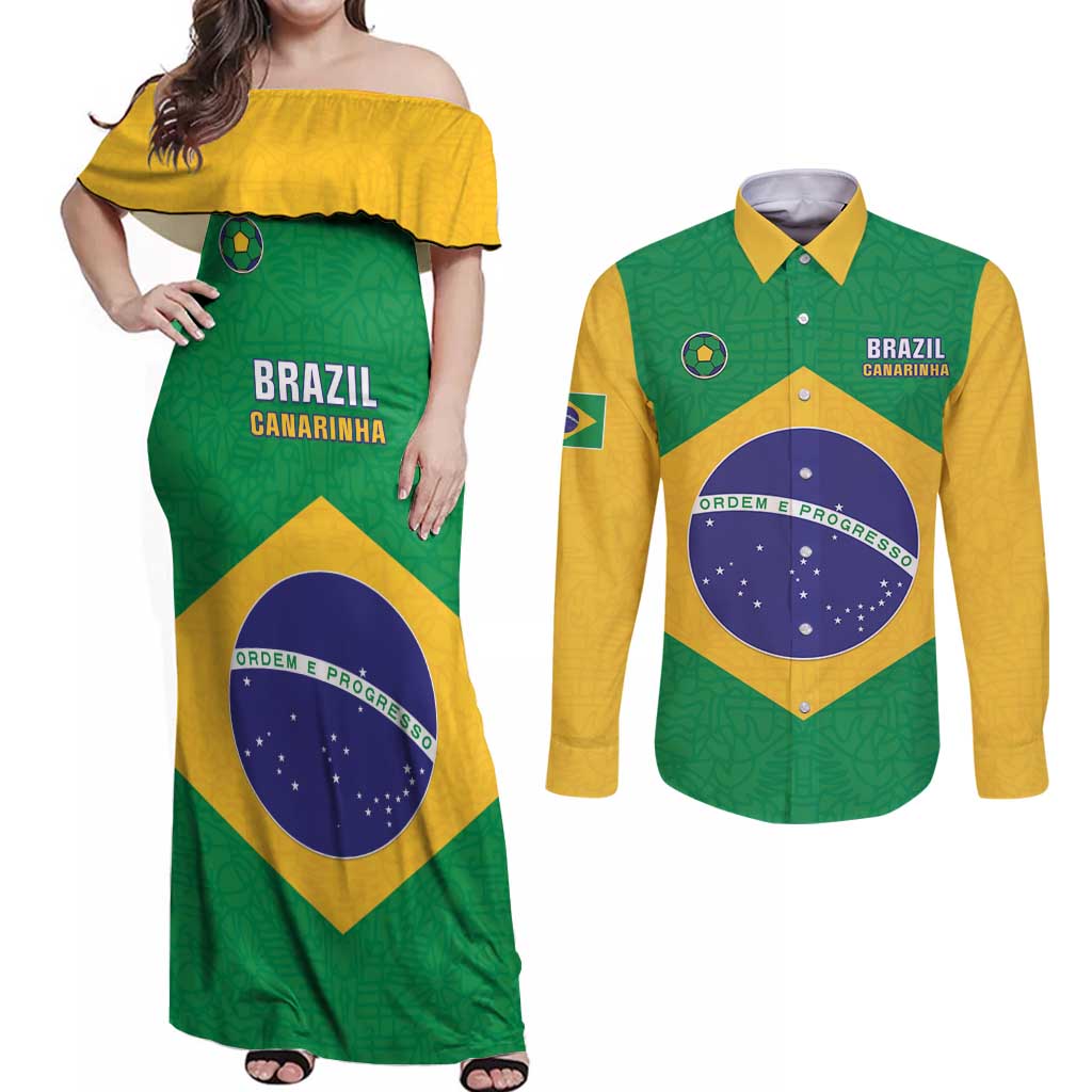 Custom Brazil Football Couples Matching Off Shoulder Maxi Dress and Long Sleeve Button Shirt Flag Style