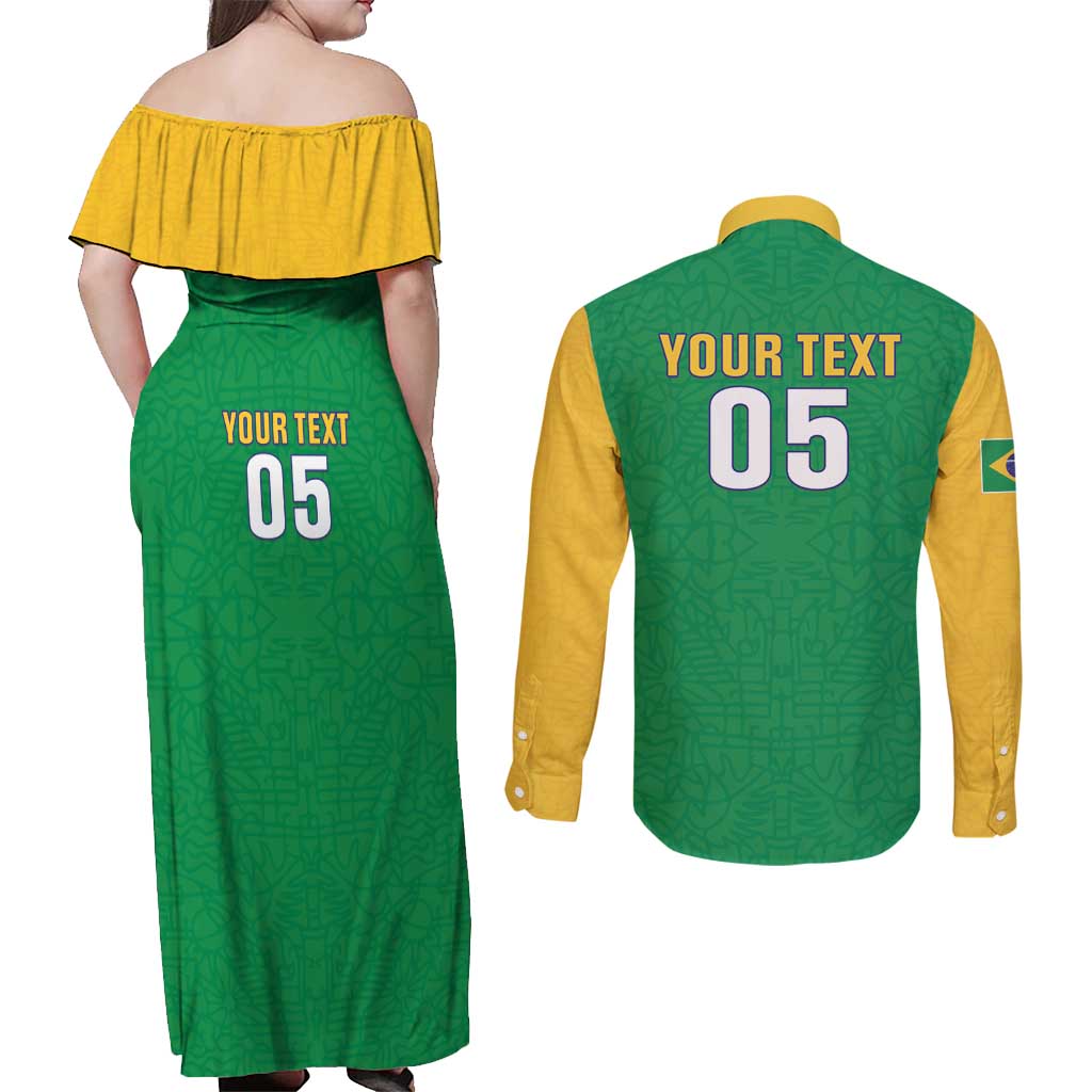 Custom Brazil Football Couples Matching Off Shoulder Maxi Dress and Long Sleeve Button Shirt Flag Style