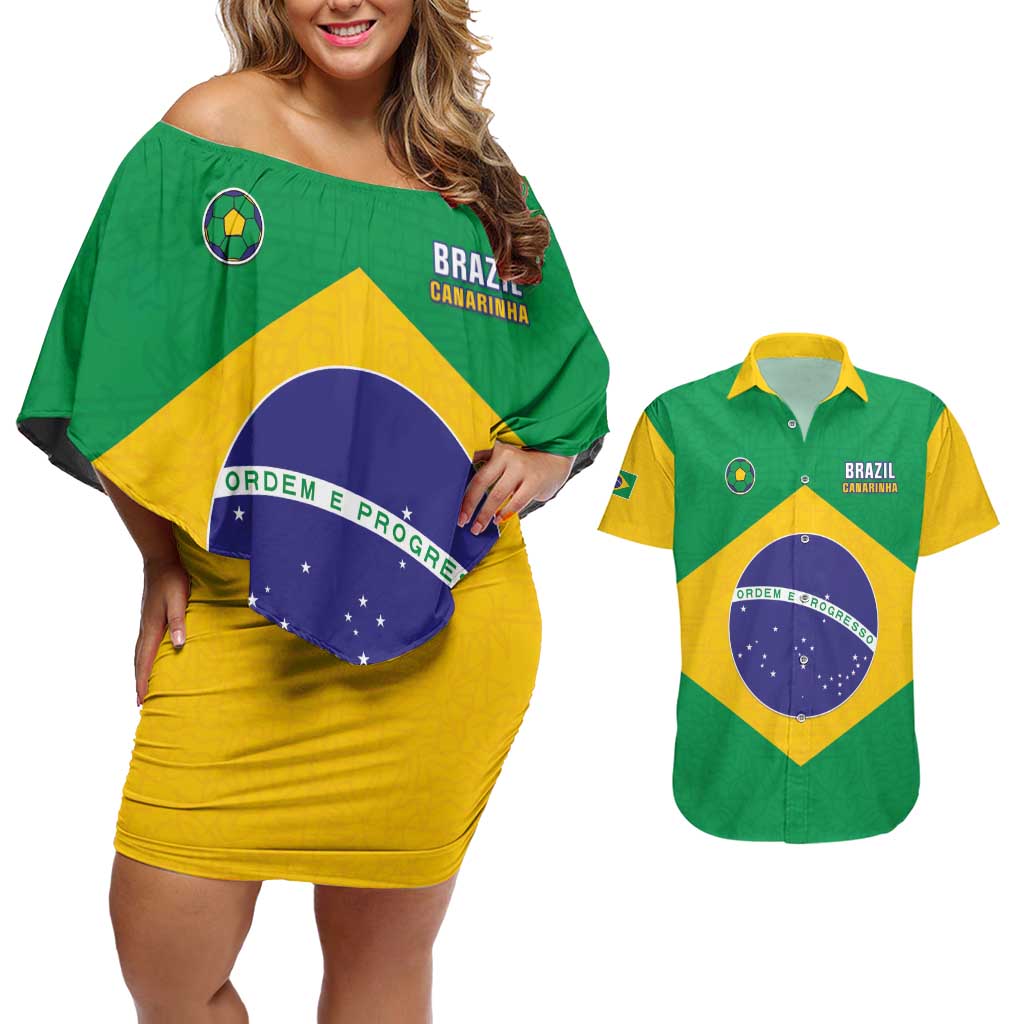 Custom Brazil Football Couples Matching Off Shoulder Short Dress and Hawaiian Shirt Flag Style