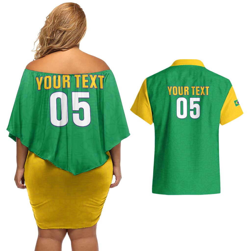 Custom Brazil Football Couples Matching Off Shoulder Short Dress and Hawaiian Shirt Flag Style