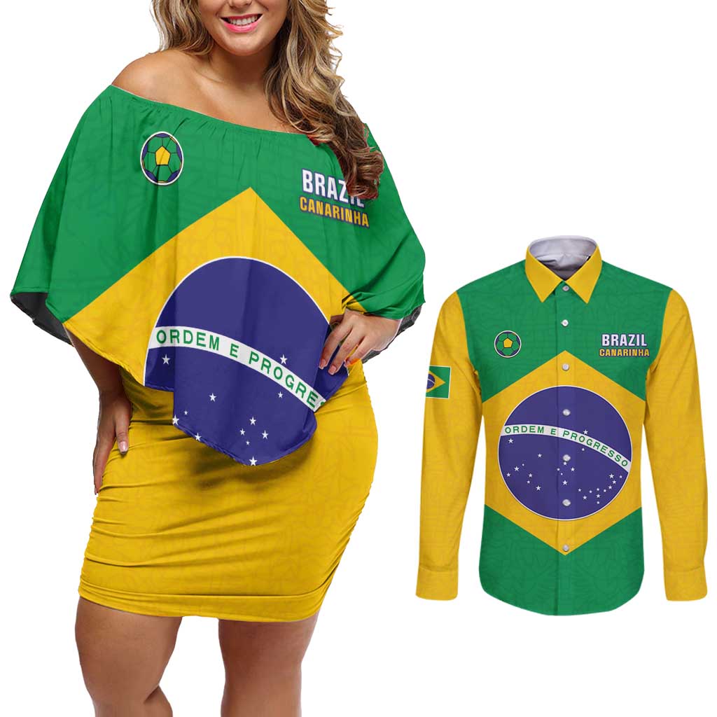 Custom Brazil Football Couples Matching Off Shoulder Short Dress and Long Sleeve Button Shirt Flag Style