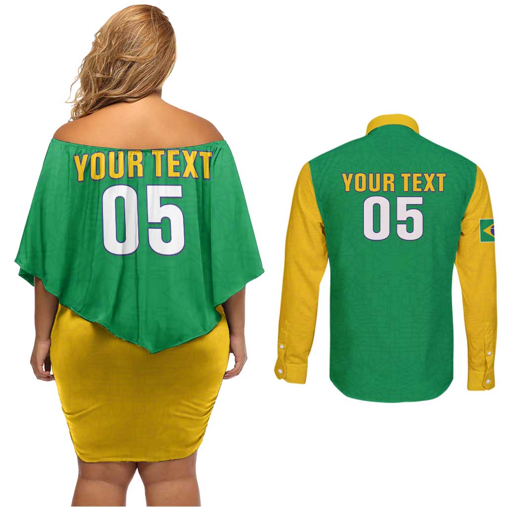 Custom Brazil Football Couples Matching Off Shoulder Short Dress and Long Sleeve Button Shirt Flag Style