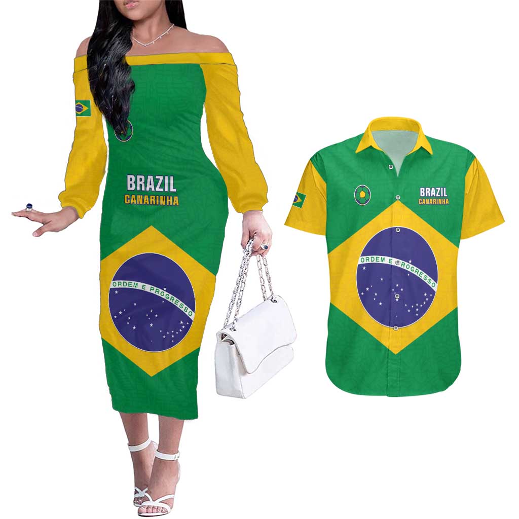 Custom Brazil Football Couples Matching Off The Shoulder Long Sleeve Dress and Hawaiian Shirt Flag Style