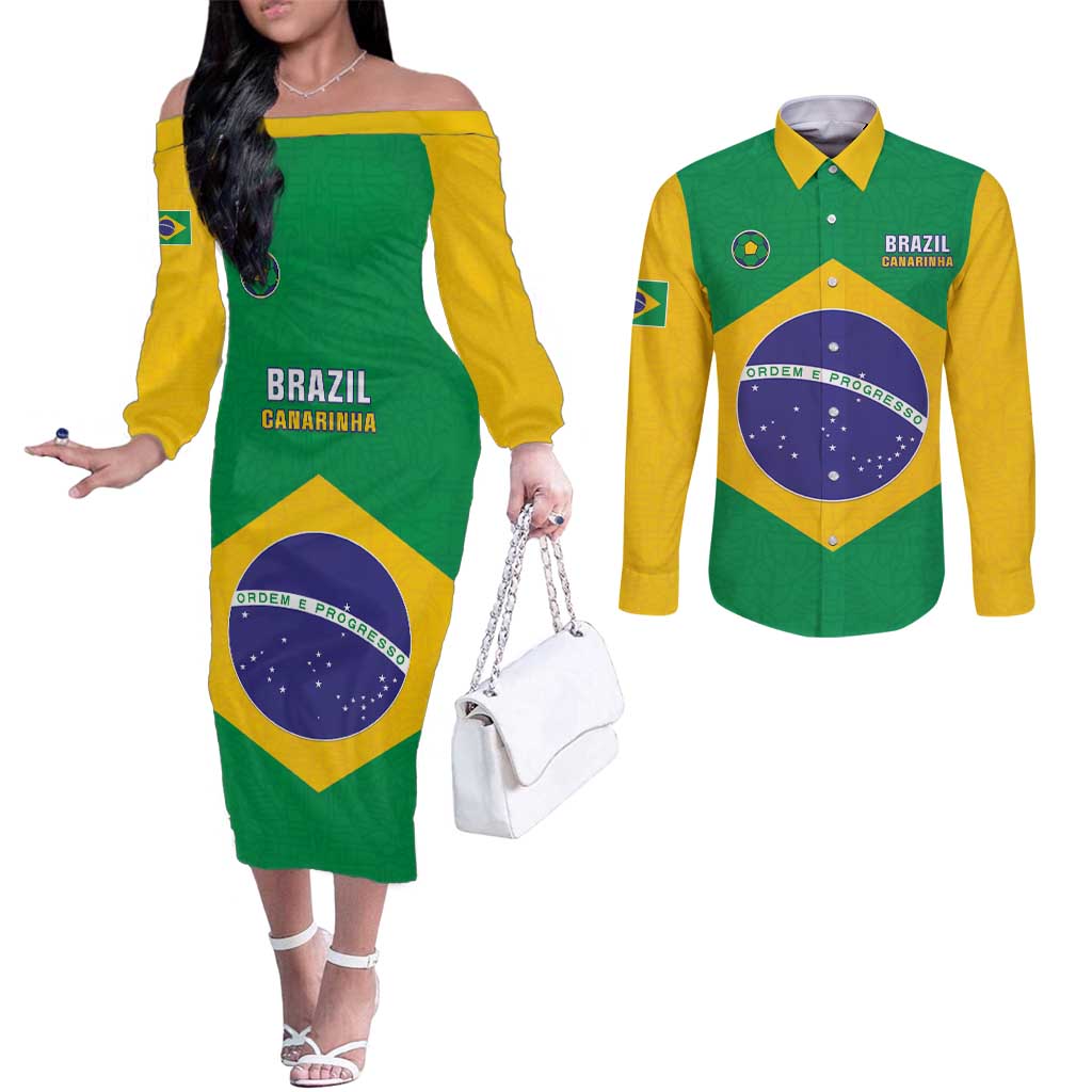 Custom Brazil Football Couples Matching Off The Shoulder Long Sleeve Dress and Long Sleeve Button Shirt Flag Style