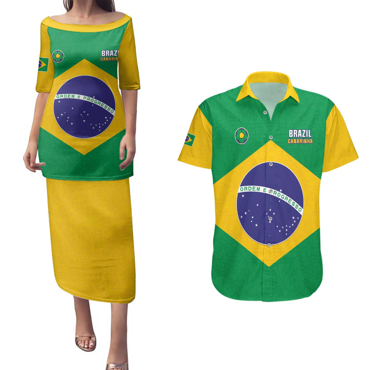 Custom Brazil Football Couples Matching Puletasi and Hawaiian Shirt Flag Style