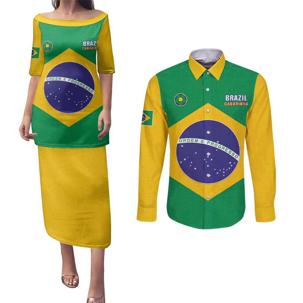 Custom Brazil Football Couples Matching Puletasi and Long Sleeve Button Shirt Flag Style