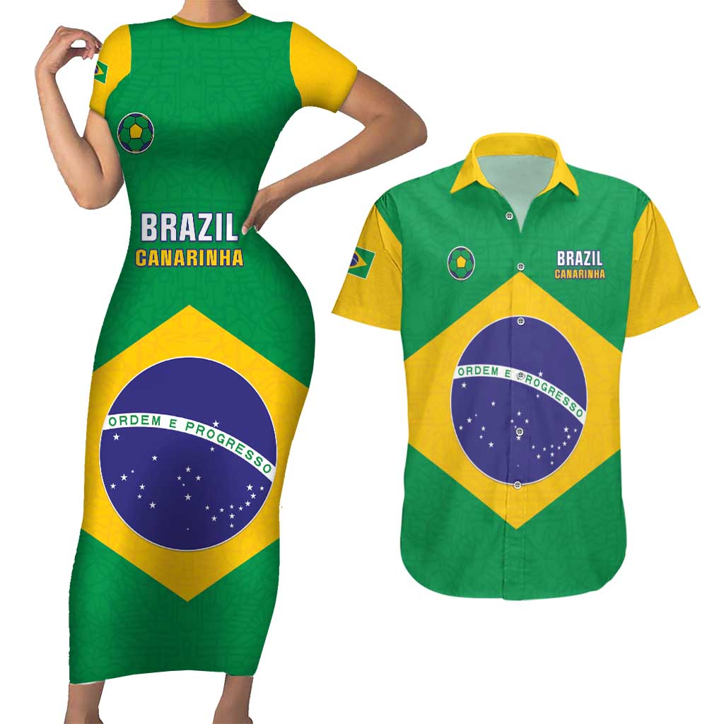 Custom Brazil Football Couples Matching Short Sleeve Bodycon Dress and Hawaiian Shirt Flag Style