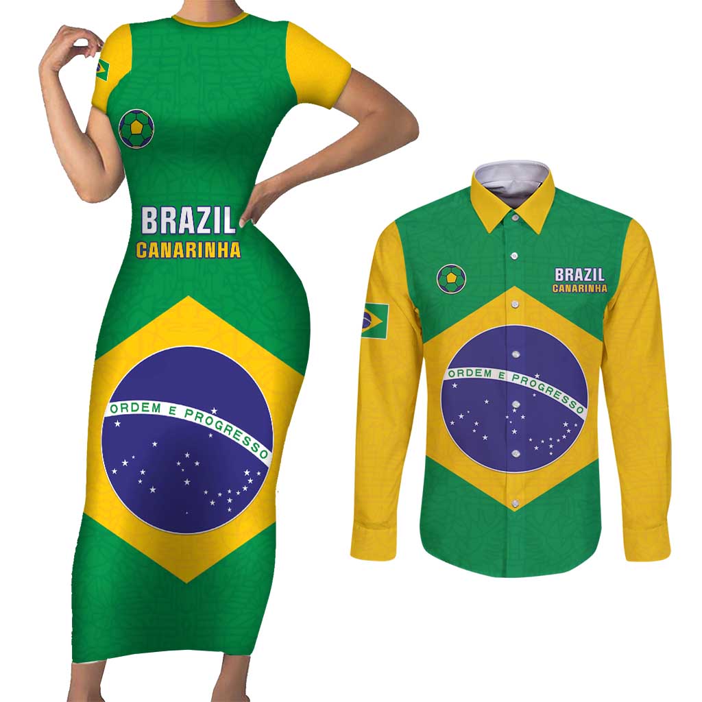 Custom Brazil Football Couples Matching Short Sleeve Bodycon Dress and Long Sleeve Button Shirt Flag Style