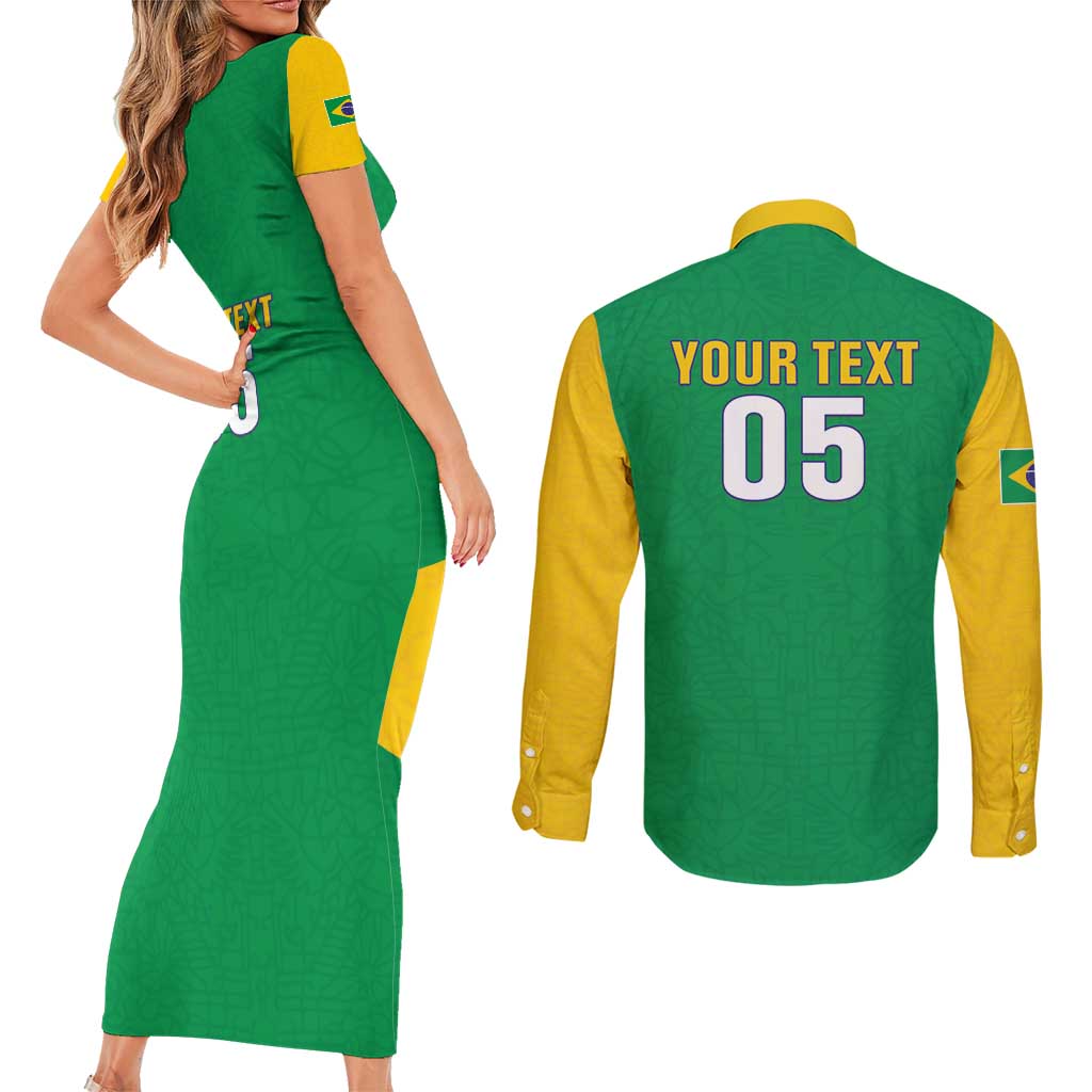 Custom Brazil Football Couples Matching Short Sleeve Bodycon Dress and Long Sleeve Button Shirt Flag Style