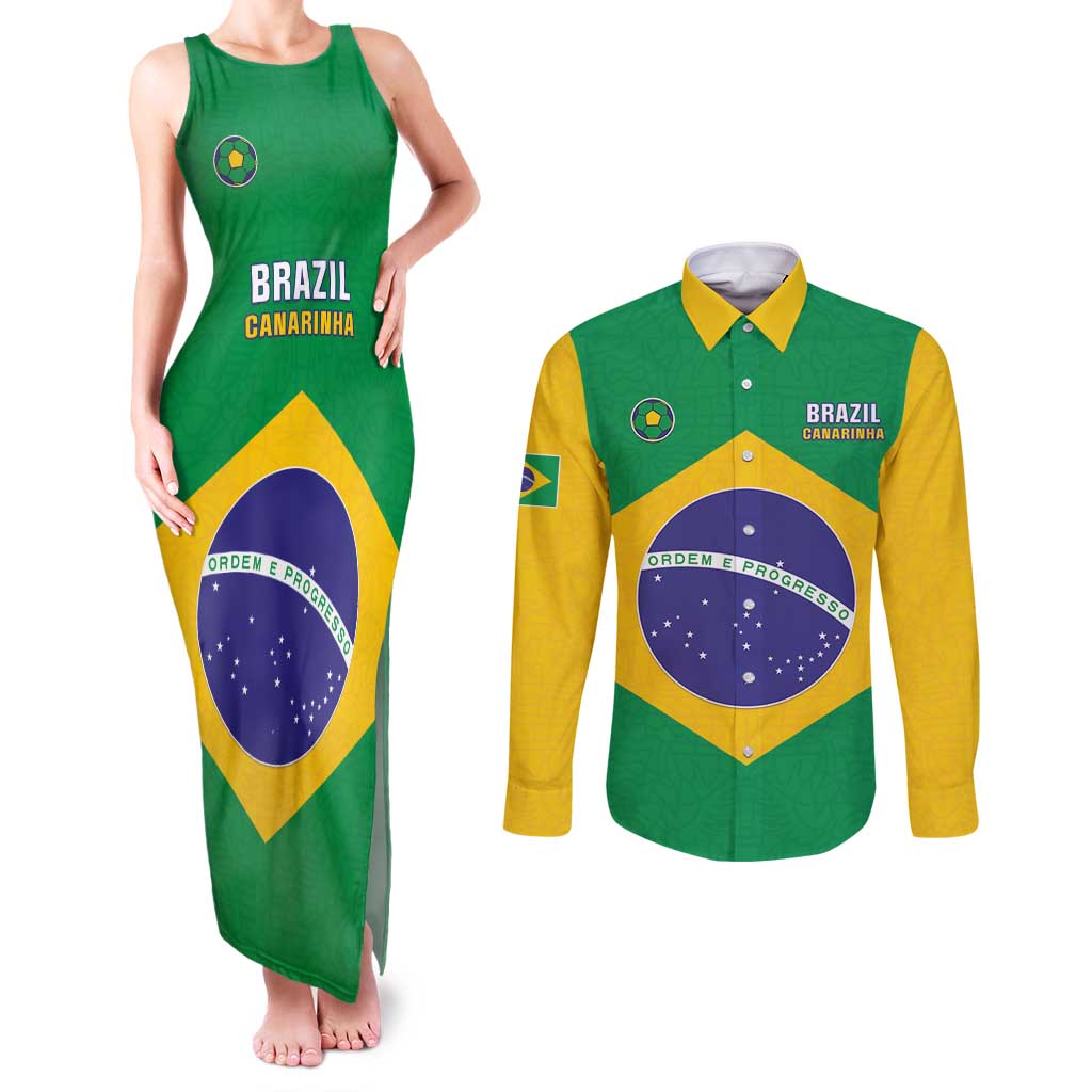 Custom Brazil Football Couples Matching Tank Maxi Dress and Long Sleeve Button Shirt Flag Style