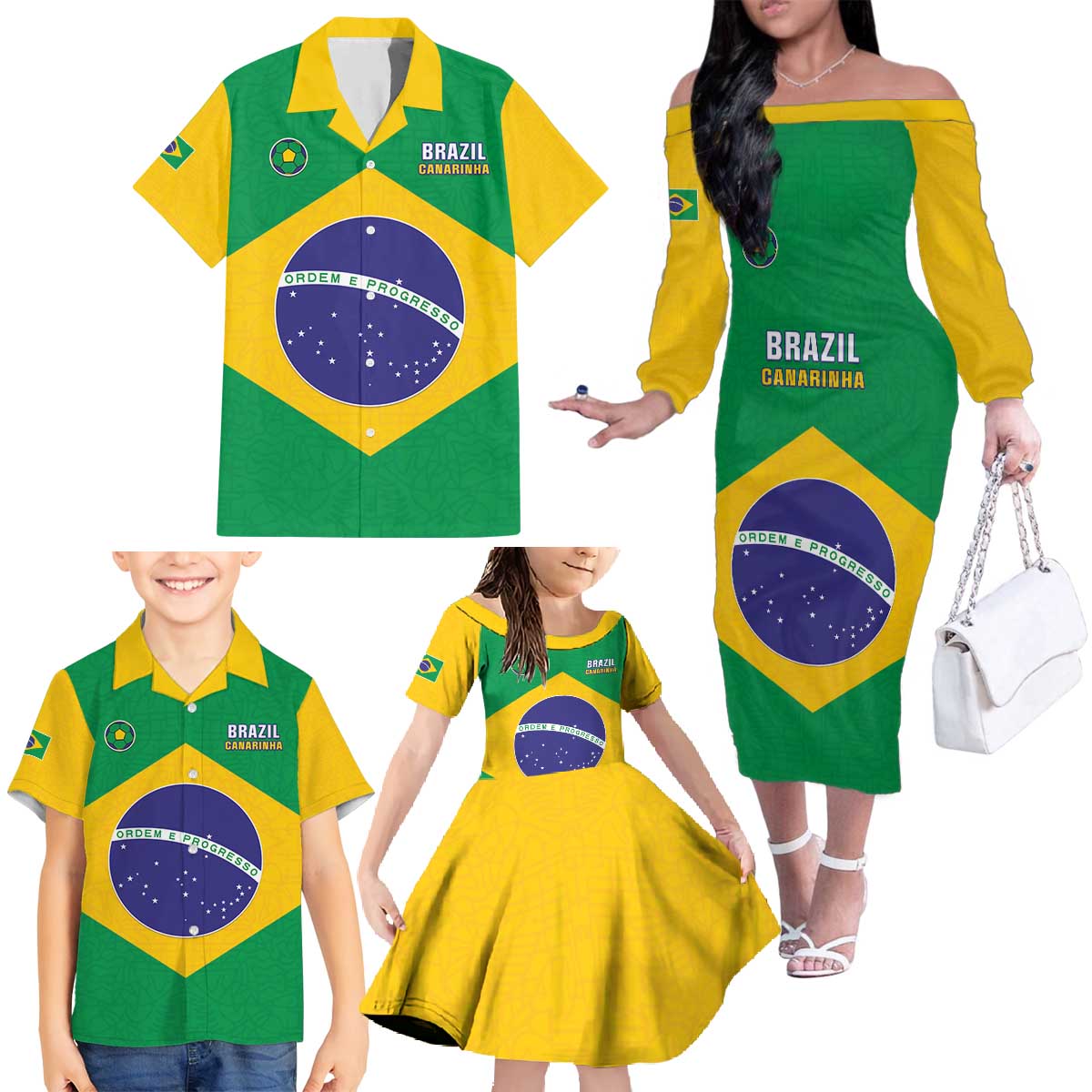Custom Brazil Football Family Matching Off The Shoulder Long Sleeve Dress and Hawaiian Shirt Flag Style