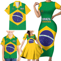 Custom Brazil Football Family Matching Short Sleeve Bodycon Dress and Hawaiian Shirt Flag Style