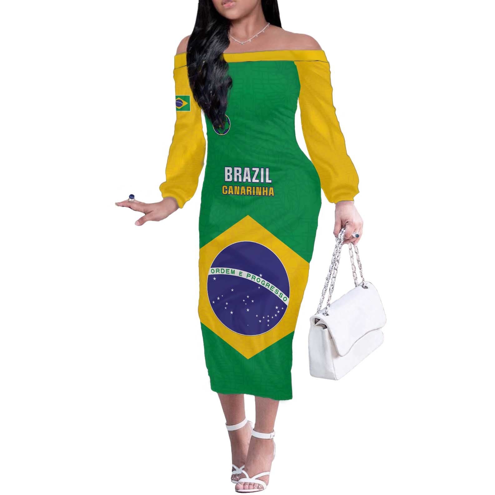 Custom Brazil Football Off The Shoulder Long Sleeve Dress Flag Style
