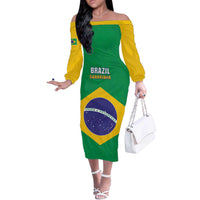 Custom Brazil Football Off The Shoulder Long Sleeve Dress Flag Style