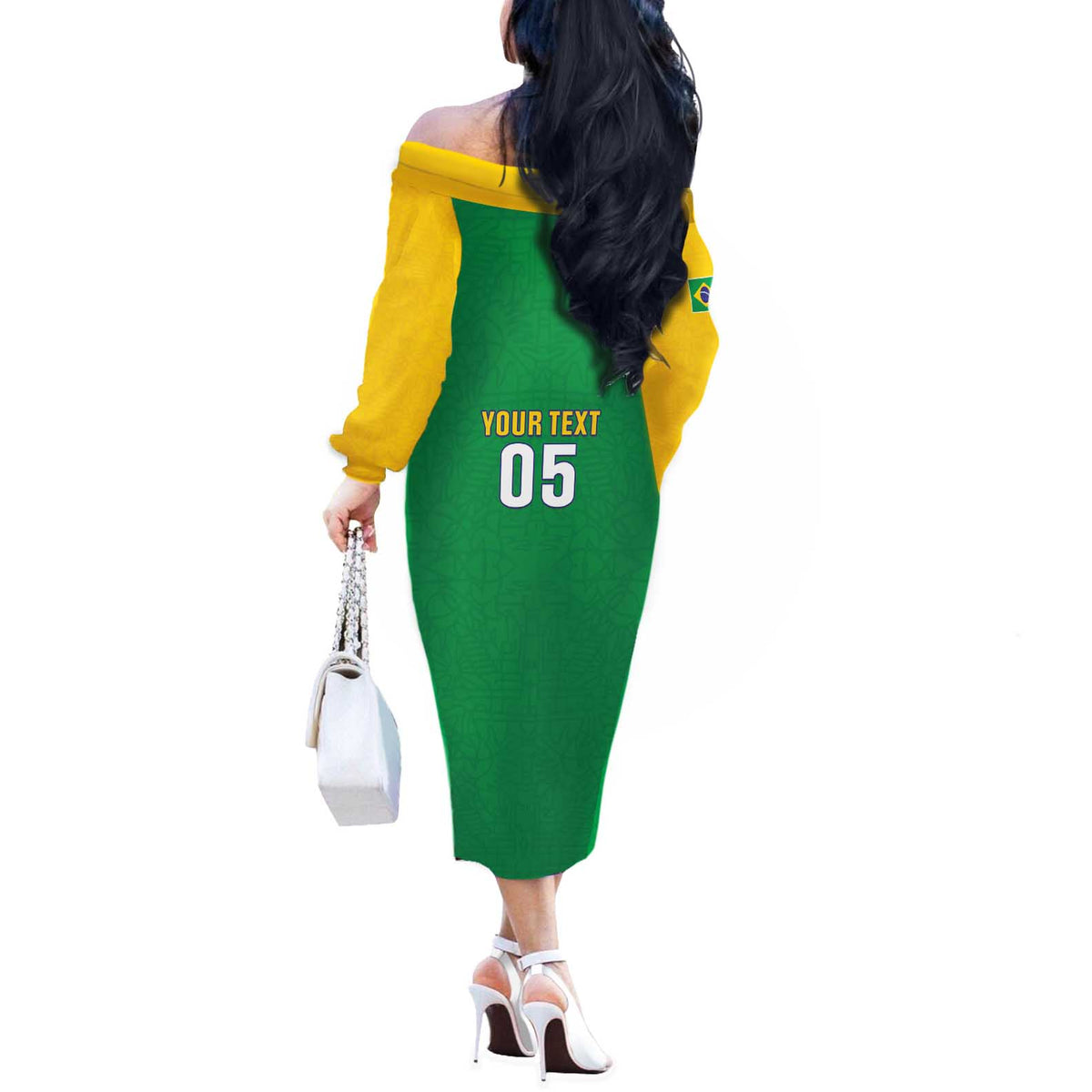Custom Brazil Football Off The Shoulder Long Sleeve Dress Flag Style