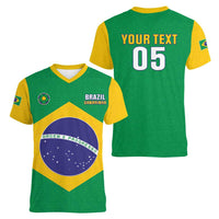 Custom Brazil Football Women V-Neck T-Shirt Flag Style