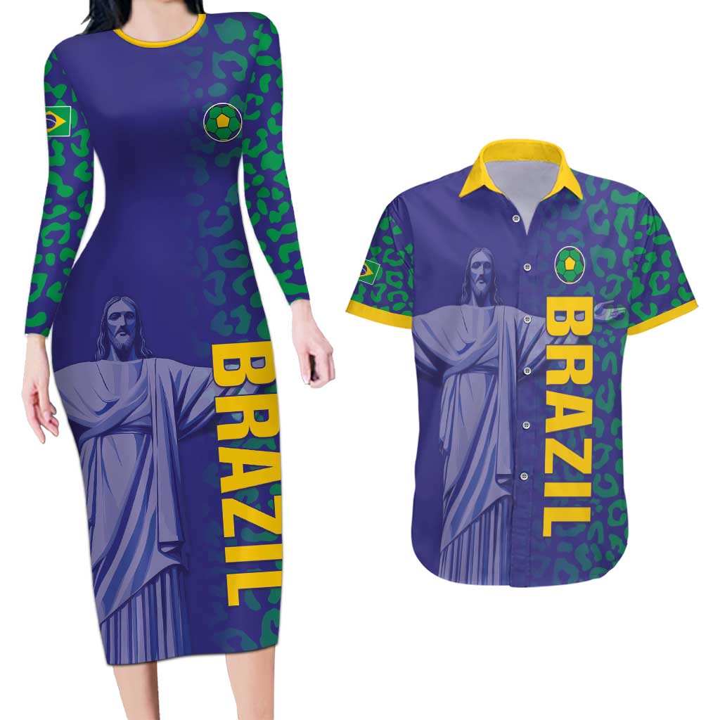 Custom Brazil Football Couples Matching Long Sleeve Bodycon Dress and Hawaiian Shirt With Leopard Pattern