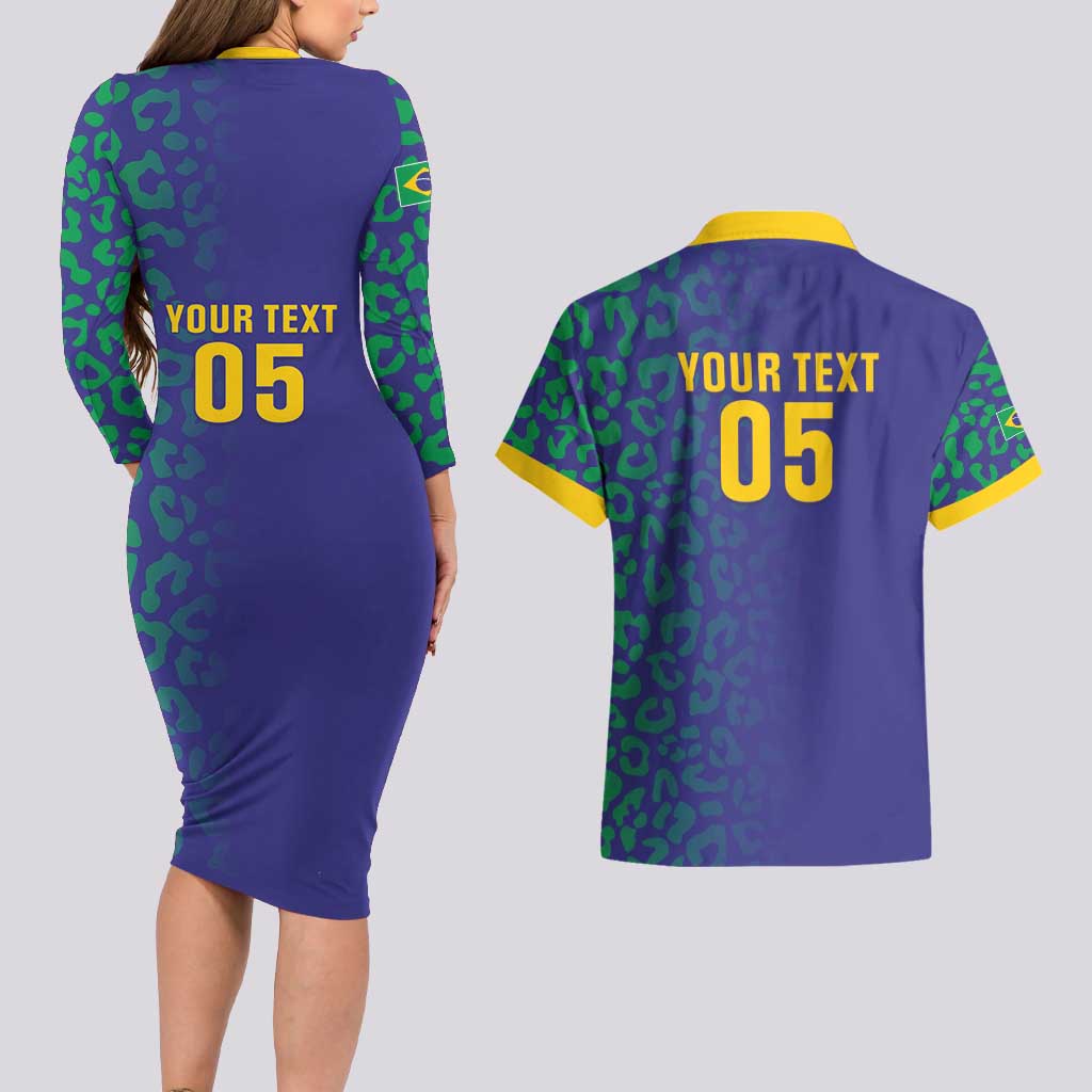 Custom Brazil Football Couples Matching Long Sleeve Bodycon Dress and Hawaiian Shirt With Leopard Pattern