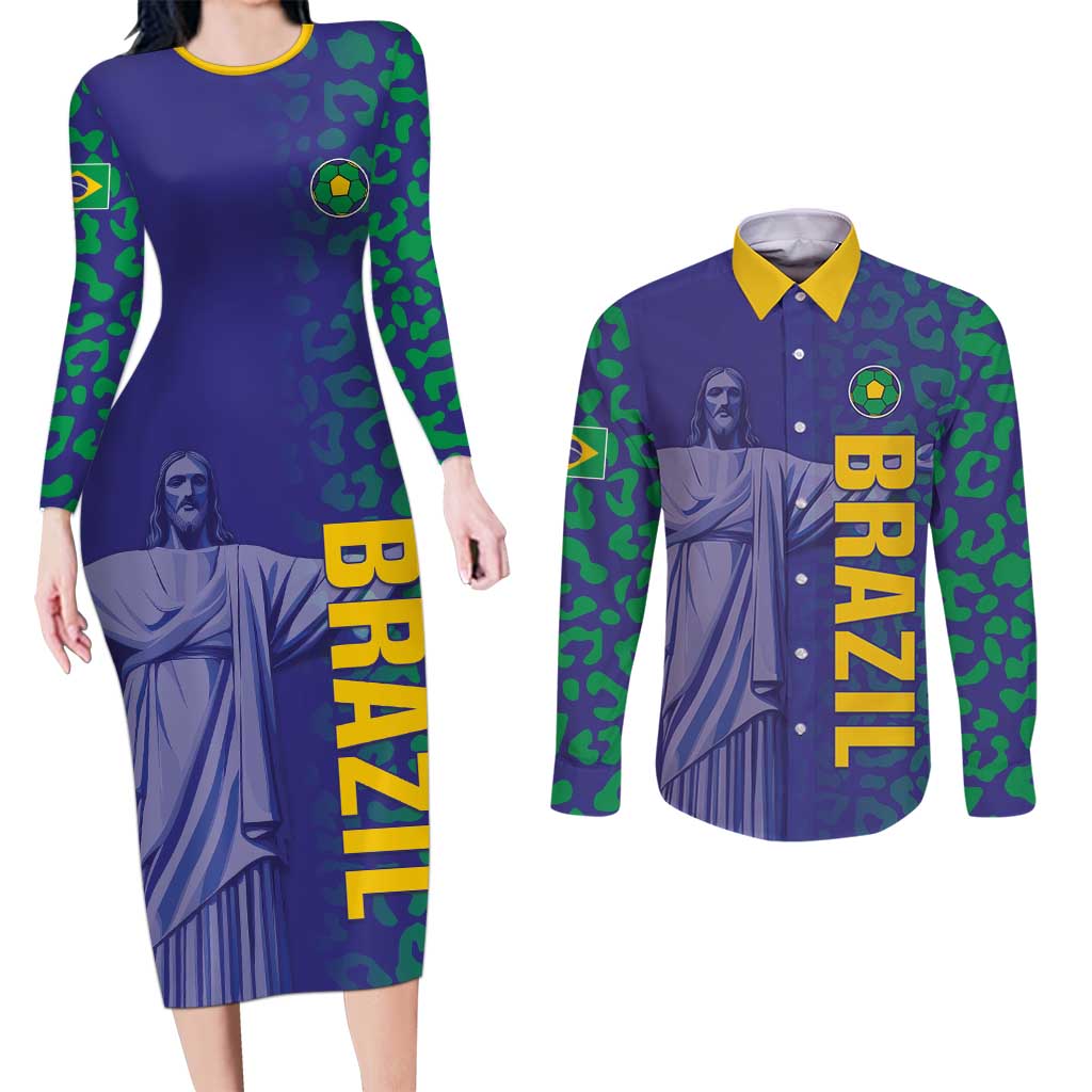 Custom Brazil Football Couples Matching Long Sleeve Bodycon Dress and Long Sleeve Button Shirt With Leopard Pattern